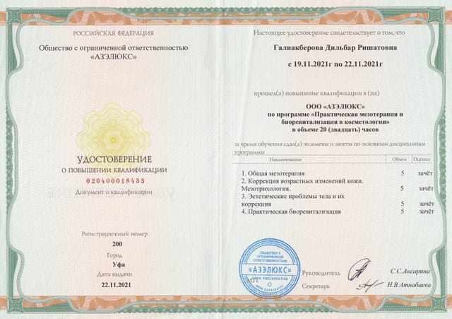 Удостоверение о повышении квалификации «Практическая мезотерапия и биоревитализация в косметологии», 2021 г.